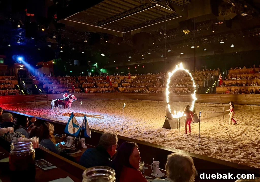 Horse Riding Stunt Through Flaming Ring of Fire at Dolly Stampede Dinner Show