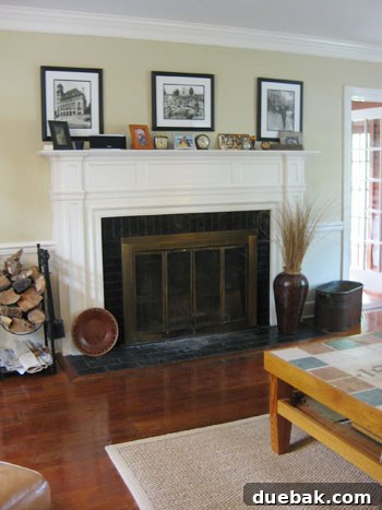 Stunning Richmond Transformation 9 Beautifully restored wood fireplace mantel acting as a central focal point in the warm and inviting living room.