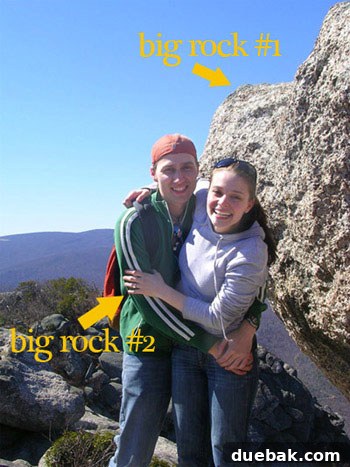 A playful email announcement image featuring large rocks, referencing the proposal location.