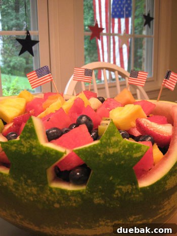 Carved watermelon filled with fruit