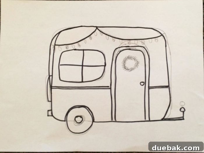 Sketching a camper template for a DIY Christmas sign