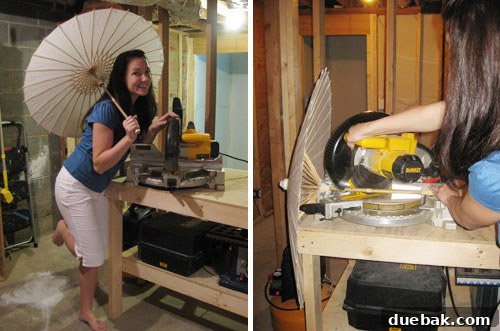 Katie cutting a parasol umbrella for wall decor