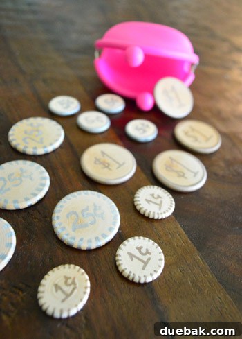 Homemade wooden play money coins for kids