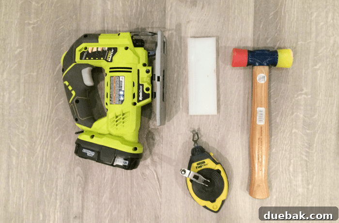 Transform Your Space with Vinyl Plank Flooring 8 Tools-For-Vinyl-plank-Floor-Install, showing various tools laid out
