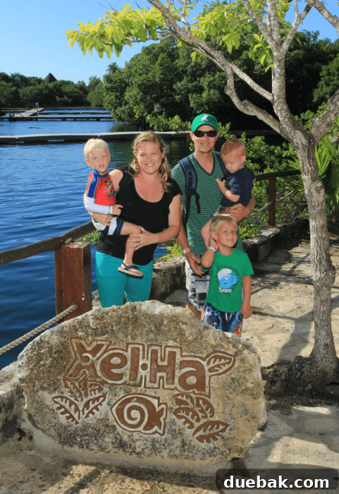 A family cycling through the pathways of Xel-Ha natural park