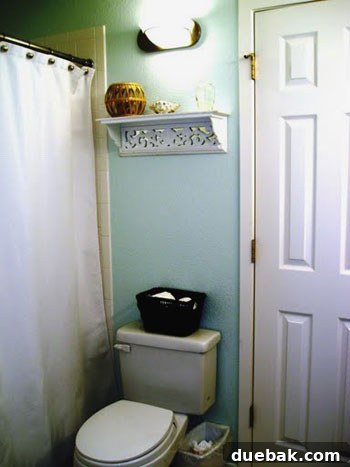 Teal Tranquility: Bathroom Revamp 3 After image of a beautifully updated bathroom with a dark painted vanity and new decor