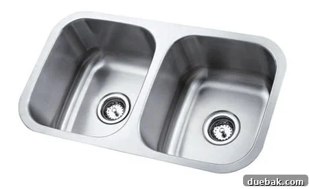 Newly installed double bowl undermount stainless steel sink in a modern kitchen with granite countertops