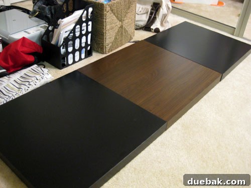 DIY headboard assembly step 3: The joined Lack table tops flipped over, showcasing the headboard's front.