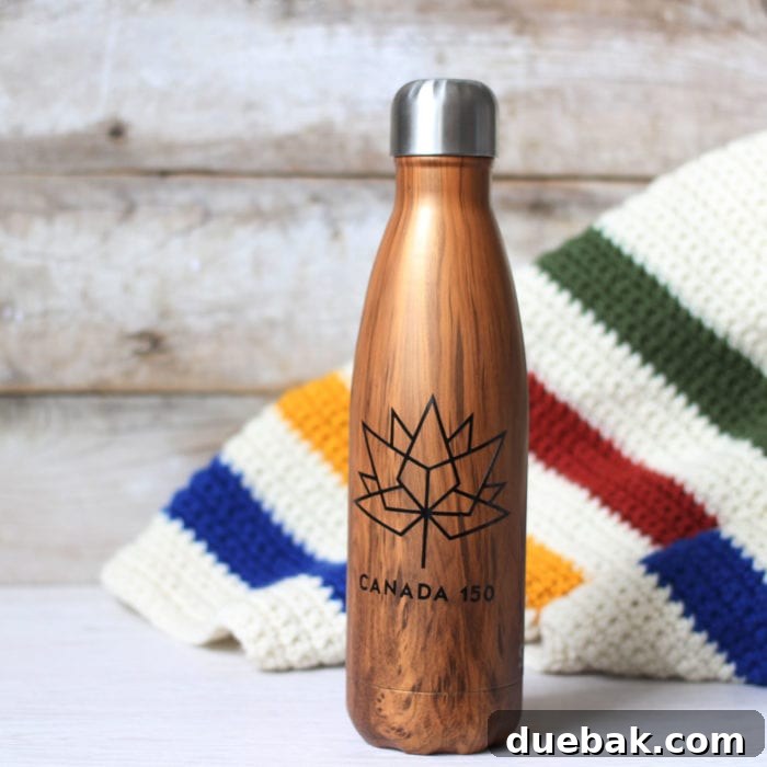 Close-up of a DIY Canada 150 water bottle, highlighting the vinyl decal quality