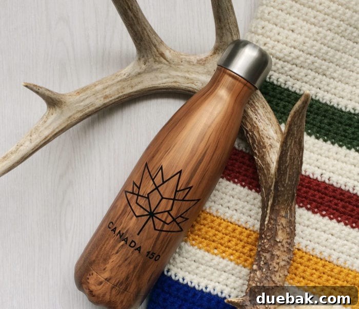 Finished Canada 150 water bottles displayed, ready for use