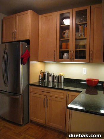 After photo 3: View of the transformed NYC kitchen showing glass-front cabinets and integrated dishwasher