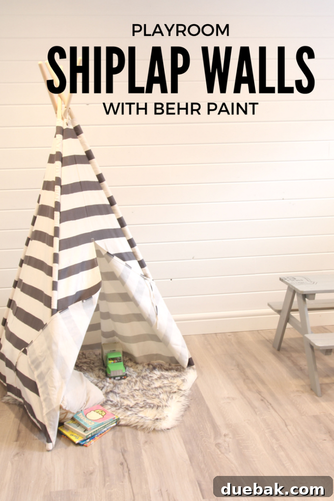 Basement Playroom Transformation with Shiplap and Behr Paint 13 Pinterest pin for basement playroom makeover