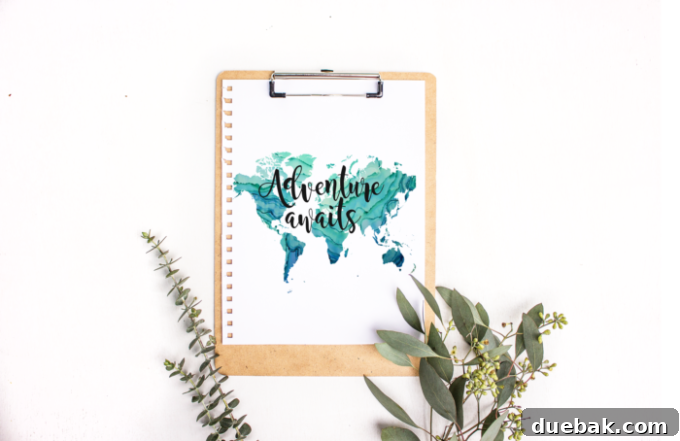 Close-up of the Adventure Awaits watercolor continent map printable, showcasing vibrant blue hues and artistic texture.