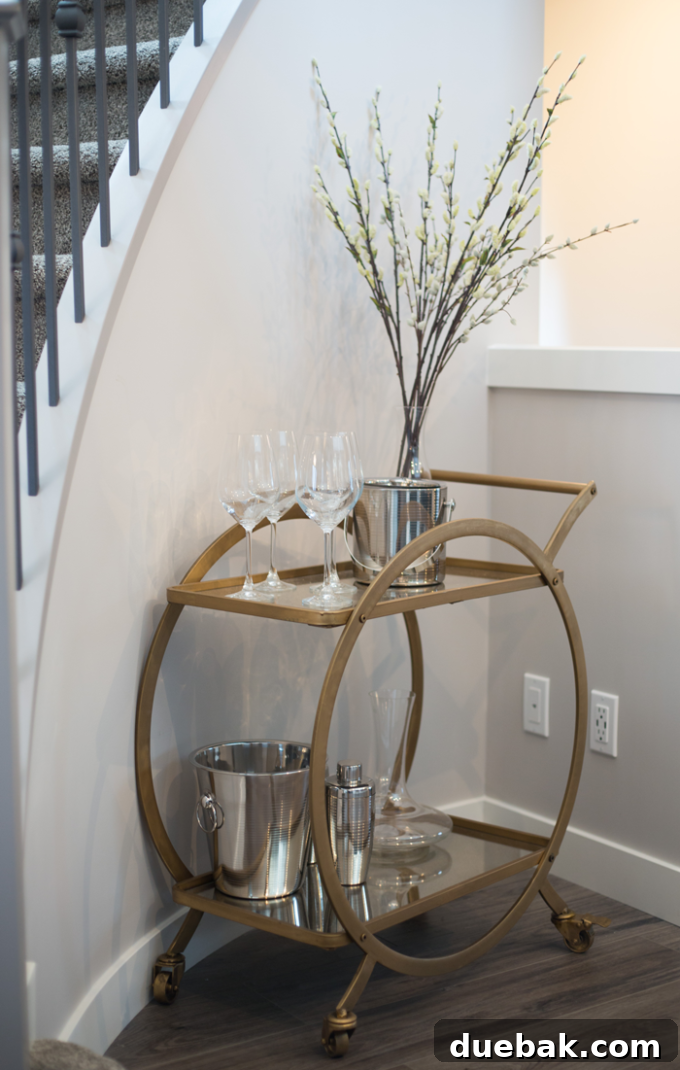 Stairwell Railing bar cart, showcasing entertaining possibilities near the curved stairs