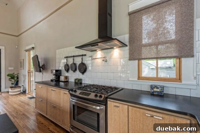 Kitchen view showing overall layout and design in the Shotgun House