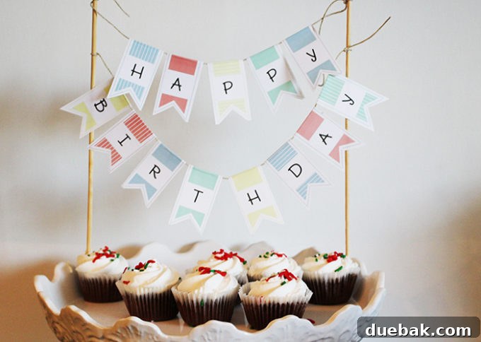 Free Printable Birthday Treat Banner for Cakes and Cupcakes 2 Adorable printable birthday banner decorating cupcakes for a party
