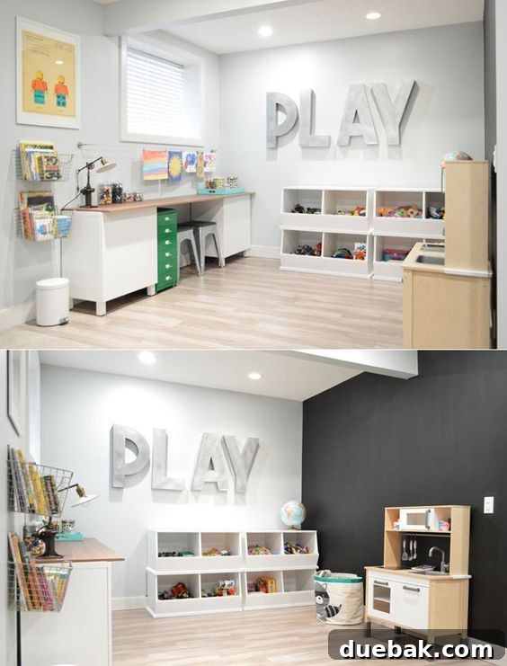 Whimsical Playroom Designs for Endless Fun 2 A beautifully designed playroom with light colors and functional storage, featuring a soft rug, a small teepee, and integrated shelving from Studio McGee.