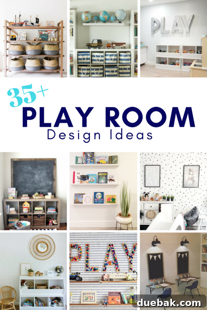Whimsical Playroom Designs for Endless Fun 18 Pinterest pin with the title 'Ultimate Playroom Design Ideas for Organized and Fun Kids' Spaces' featuring a collage of inviting and well-designed playrooms.