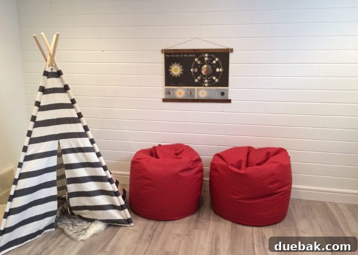Whimsical Playroom Designs for Endless Fun 6 A bright basement playroom with elegant shiplap walls, providing a durable and stylish backdrop for kids' activities, complete with a cozy rug and ample space for play.