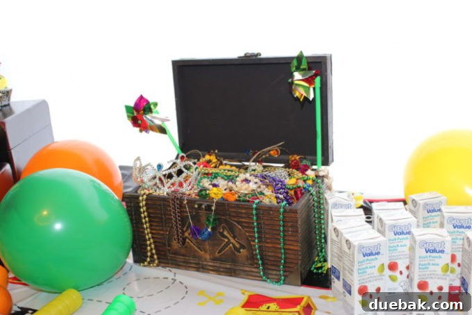 A full spread of pirate birthday party food and decorations