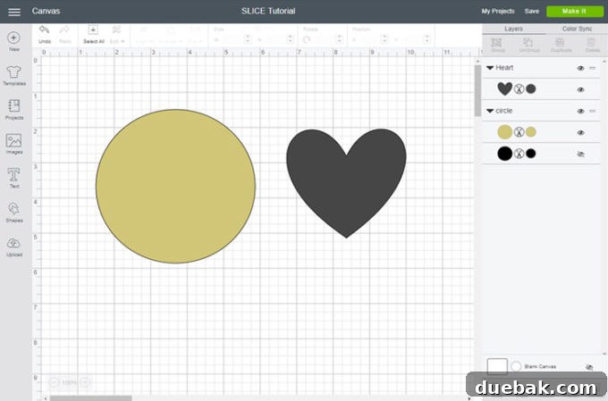 Cricut Design Space: Mastering the Slice Tool 3 Cricut Design Space interface showing two overlapping shapes selected, ready for the Slice Tool.
