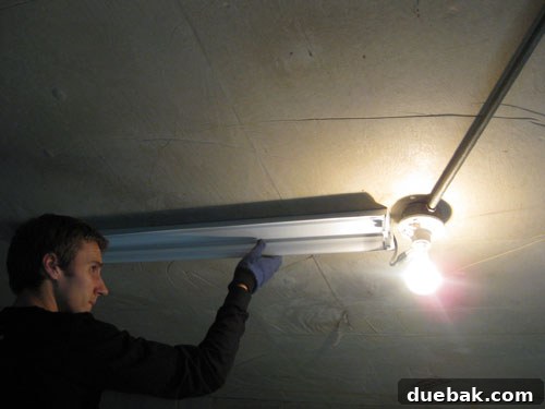 Old, asymmetrical light fixture on the basement ceiling