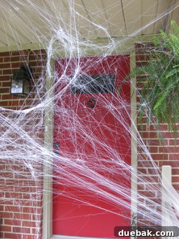 Close-up of fake spiderwebs stretched across porch posts and decor