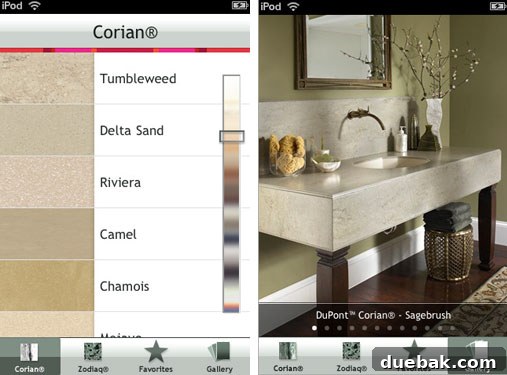 DuPont mySurface app interface showing countertop options
