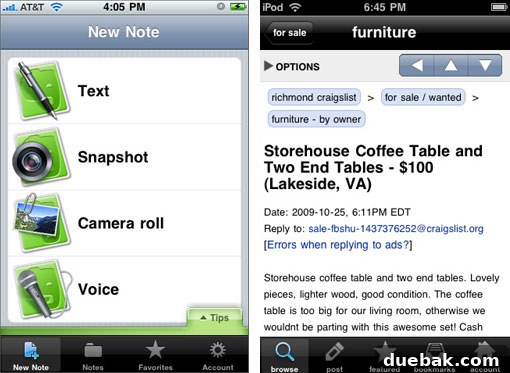 Craigslist and Evernote apps on iPod Touch