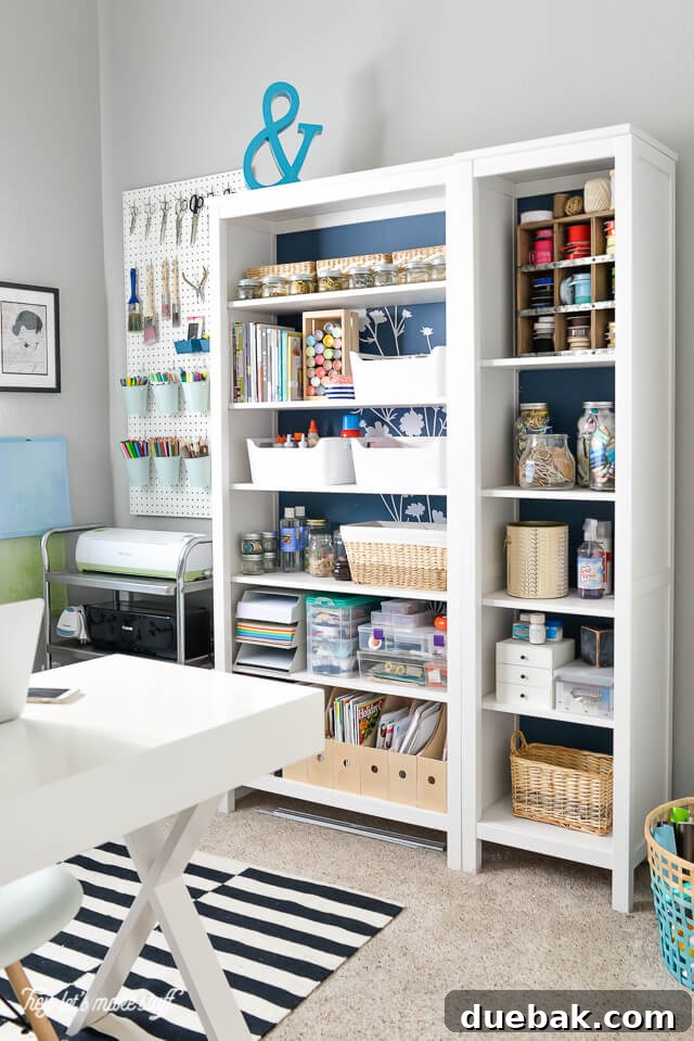 A vibrant craft room featuring a large, organized pegboard with various craft tools and supplies.