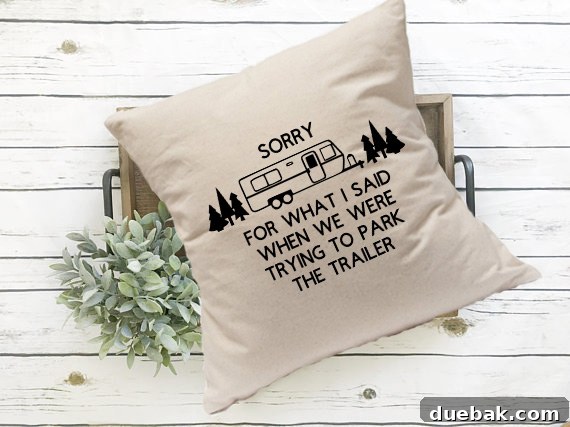Effortless Iron-On Perfection 6 Camping themed throw pillow with iron-on vinyl text 'Sorry for what I saw when we were trying to park the Trailer'