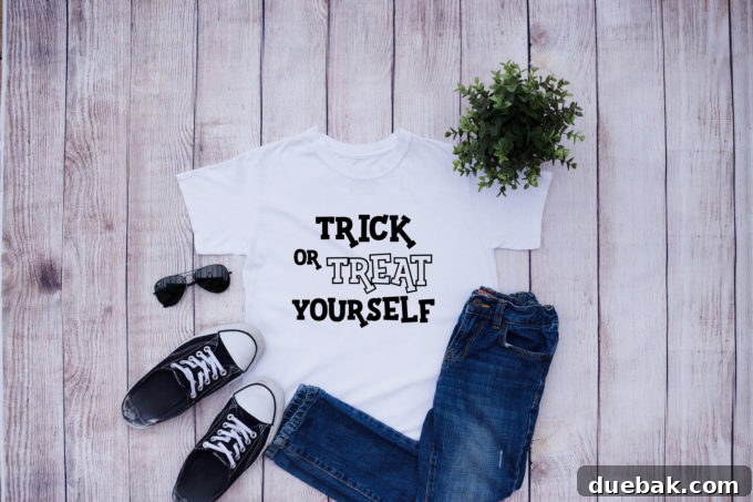 Effortless Iron-On Perfection 7 Halloween themed t-shirt with 'Trick or Treat Yourself' iron-on vinyl design