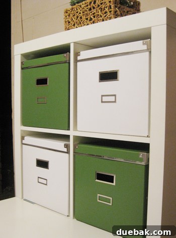 Assembled IKEA Kassett boxes arranged neatly in a bookcase