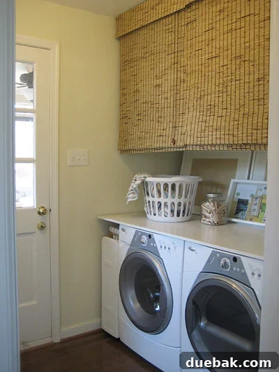 Hidden storage space for tools above a washer and dryer