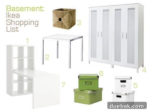 Basement renovation mood board featuring Ikea Expedit shelf, Torsby table, woven baskets, Aneboda wardrobes, and storage boxes for a functional and organized space.