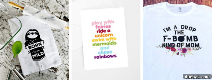 Etsy's Curated Unique Gift Ideas 4 Humorous tea towel, whimsical card, and 'Drop the F Bomb' shirt.