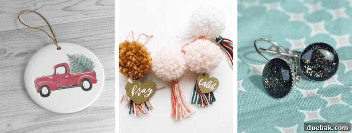 Etsy's Curated Unique Gift Ideas 5 Handcrafted resin jewelry, pom pom keychain, and vintage red truck ornament.
