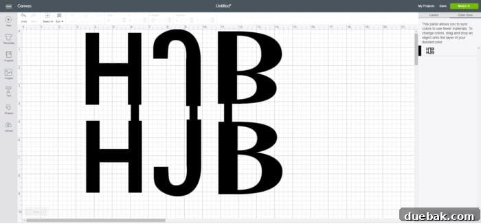 Design process for Cricut leather monogram charms, illustrating the welding of mirrored letters and connecting rectangle.