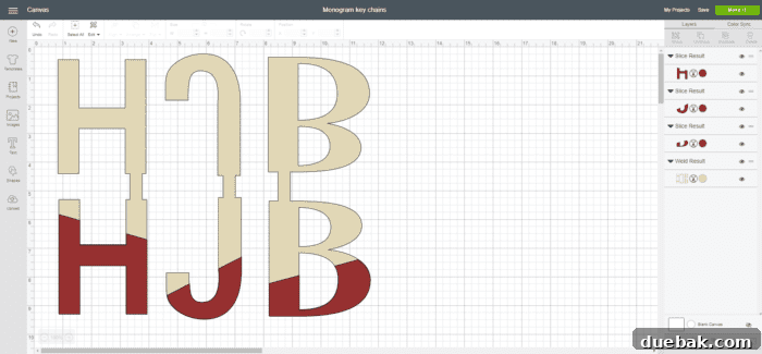 Cricut Design Space tutorial for adding an accent color to leather monogram charms using the slice tool.