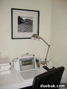 From Travel Snaps to Masterpieces 4 Framed black and white Alaskan glacier art piece displayed above a desk