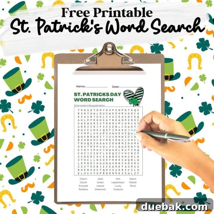 A vibrant St. Patrick's Day themed graphic with shamrocks, a pot of gold, and a rainbow, encouraging users to download the free word search printable.