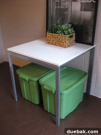 Dress Up Your Glass Doors with Gift Wrap 18 Green storage bins under a table in the basement, neatly organized