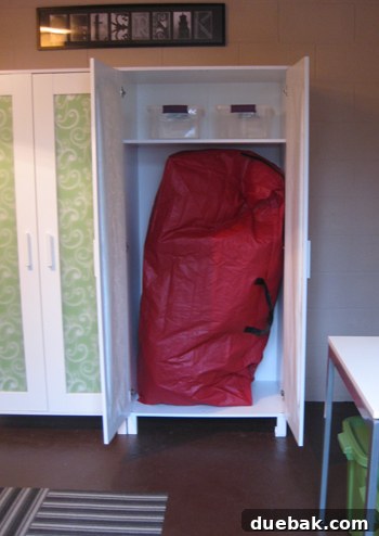 Dress Up Your Glass Doors with Gift Wrap 8 Armoire with visible Christmas tree bag and bins through semi-sheer doors