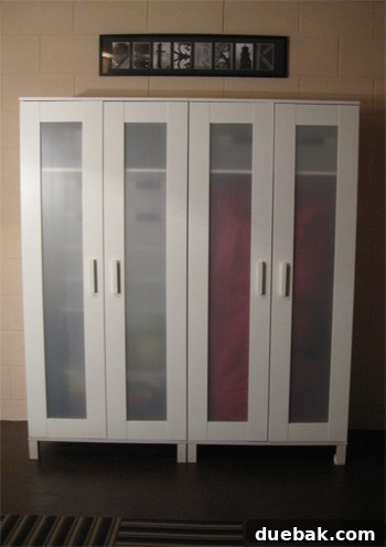Dress Up Your Glass Doors with Gift Wrap 10 View of both armoires with contents visible through translucent doors, creating visual clutter