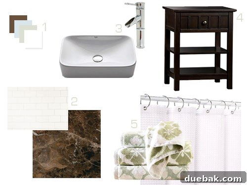 Sourcing Bathroom Tiles, Vanities, and Accessories 7 A mood board for a modern classic bathroom renovation, featuring color swatches, tile samples, and fixture images.