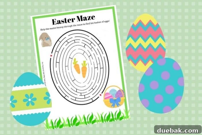 A festive Easter maze featuring a bunny trying to reach a carrot, perfect for kids' activities.