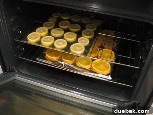 Crafting Radiant Dried Orange Ornaments 6 Orange and lemon slices baking on a rack in an open oven, with visible steam, illustrating the drying process for homemade ornaments.