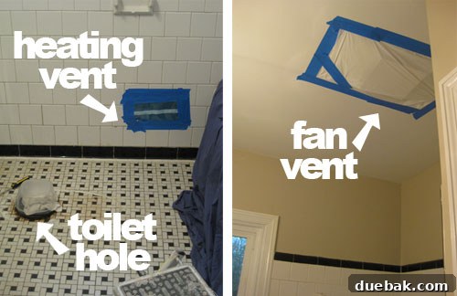 A taped-off heating vent covered with plastic sheeting to prevent dust intrusion during demolition.