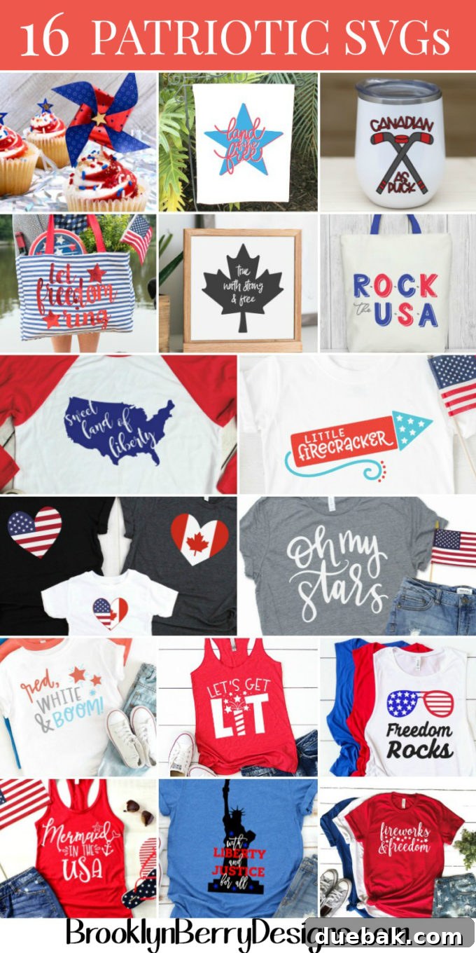 Festive Freedom SVGs: Canada Day & Independence Day Graphics 5 A collage of various free patriotic SVG designs suitable for Canada Day and 4th of July crafts.