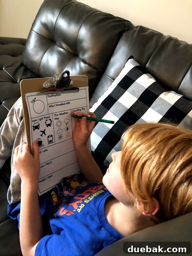 kid drawing on road trip journal